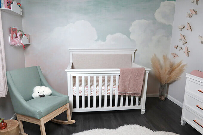 Hand Painted Sky Mural in a Girl Nursery