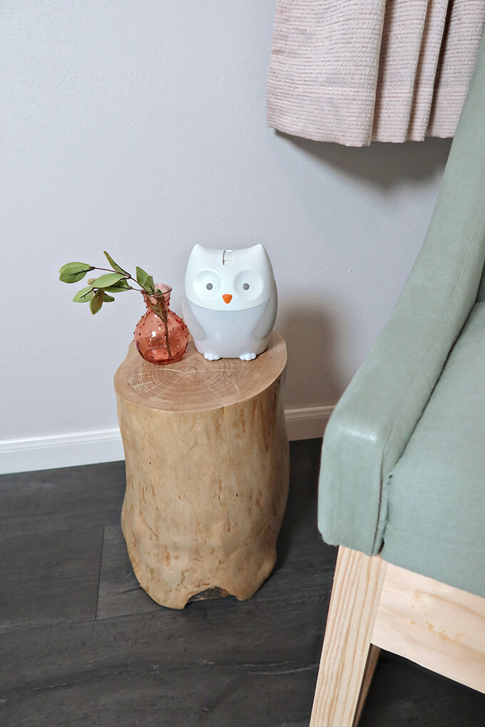 Stump Side Table and Owl Sound Machine in Cloud Nuresry
