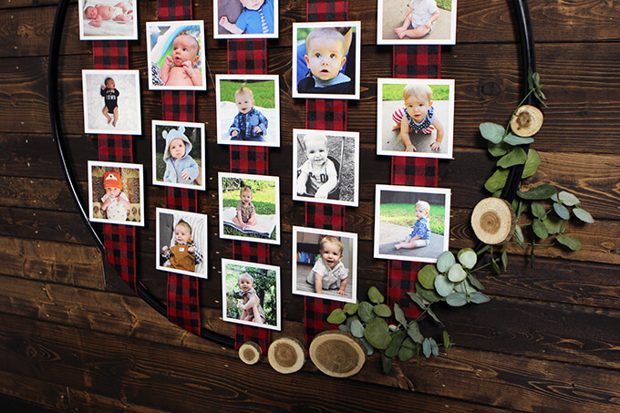 DIY Photo Holder made from Hula Hoop for Lumberjack Themed 1st birthday Party