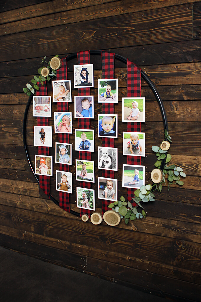 DIY Photo Holder made from Hula Hoop for Lumberjack Themed 1st birthday Party