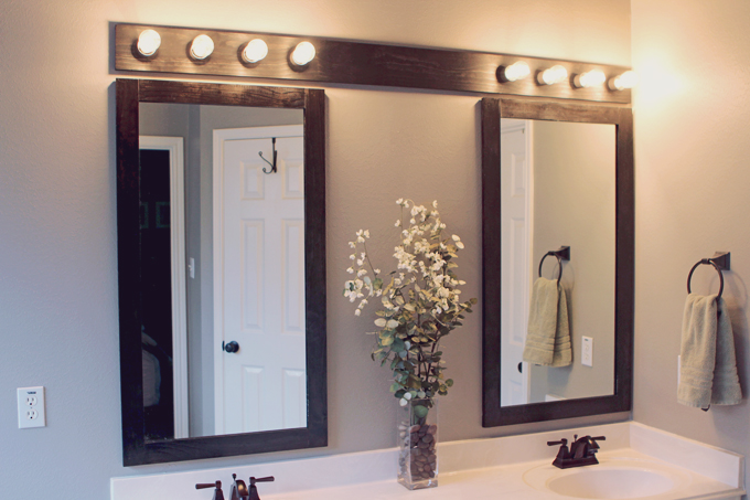 Wooden Light Fixture in Master Bathroom