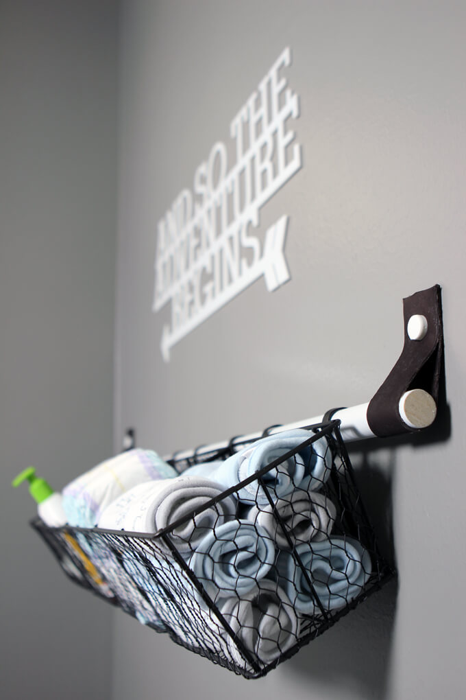 Nursery Wall Storage with Dowel Rod and Baskets Gray House Studio